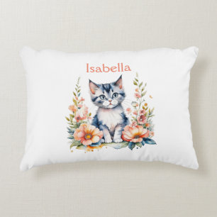 Personalized Grey Kitten in Pink Flowers Accent Pillow