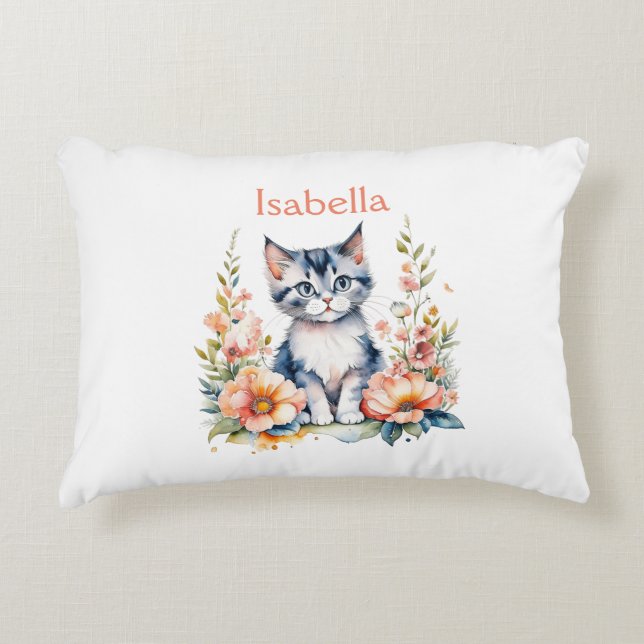 Personalized Grey Kitten in Pink Flowers Accent Pillow (Front)