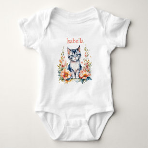 Personalized Grey Kitten in Pink Flowers Baby Bodysuit