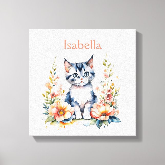 Personalized Grey Kitten in Pink Flowers Canvas Print (Front)