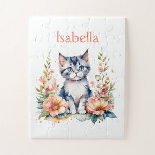 Personalized Grey Kitten in Pink Flowers Jigsaw Puzzle