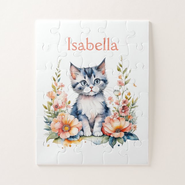 Personalized Grey Kitten in Pink Flowers Jigsaw Puzzle (Vertical)