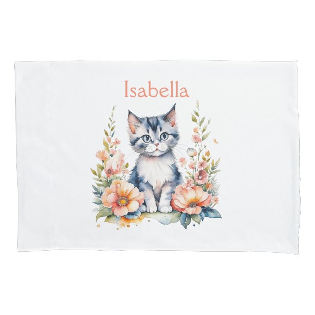 Personalized Grey Kitten in Pink Flowers Pillowcase (Front)