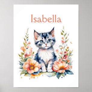 Personalized Grey Kitten in Pink Flowers Poster