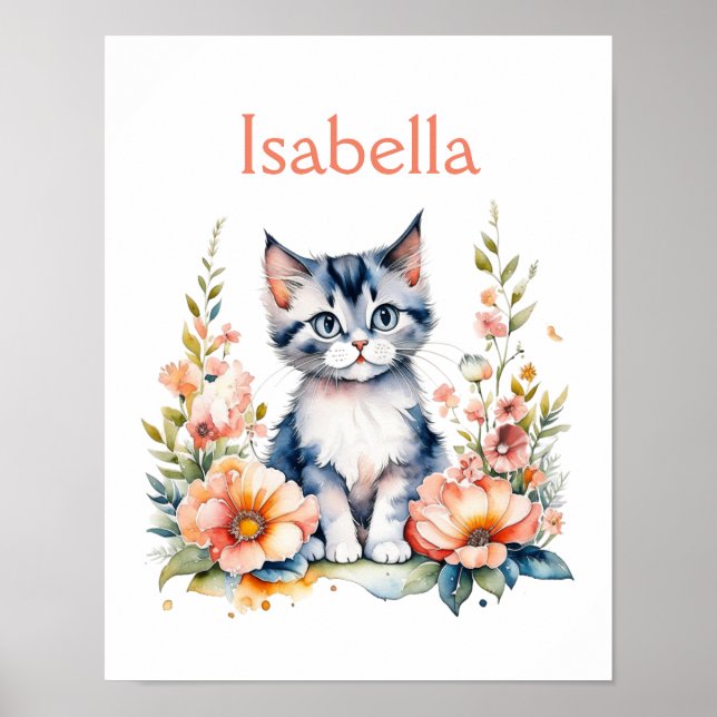 Personalized Grey Kitten in Pink Flowers Poster (Front)