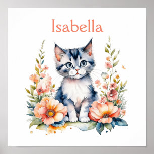 Personalized Grey Kitten in Pink Flowers Poster