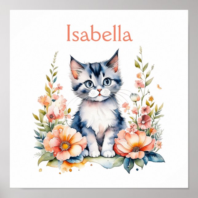 Personalized Grey Kitten in Pink Flowers Poster (Front)