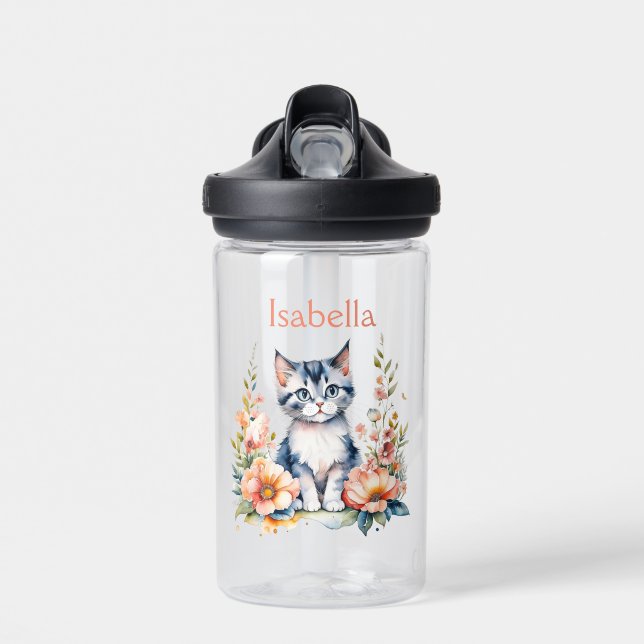 Personalized Grey Kitten in Pink Flowers Water Bottle (Front)
