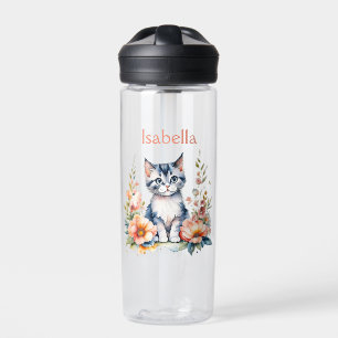 Personalized Grey Kitten in Pink Flowers Water Bottle