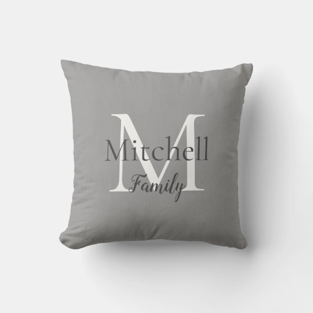 Personalized Grey Linen Family Monogram Throw Pillow (Front)