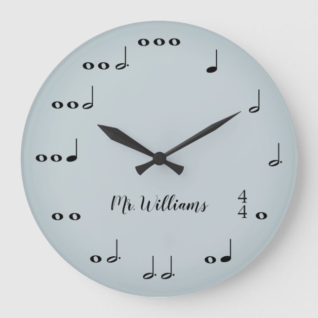 Personalized Grey Music Notes Round Clock (Front)