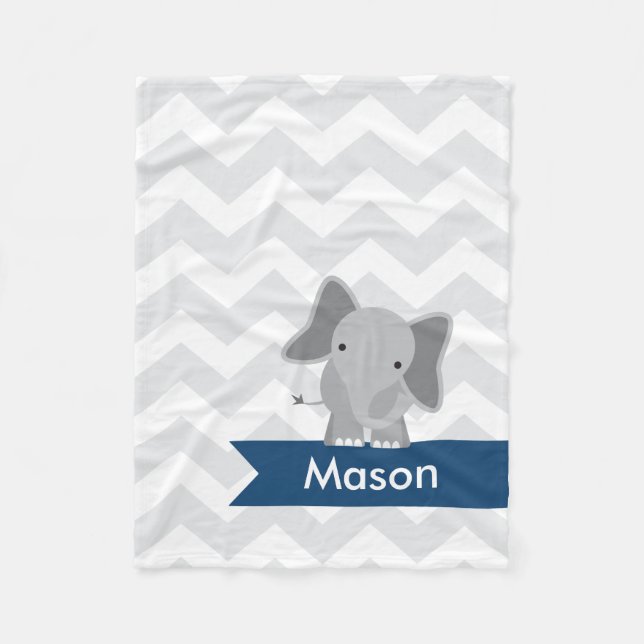 Personalized Grey Navy Blue Chevron Elephant Fleece Blanket (Front)