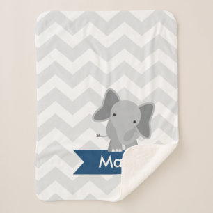 Personalized Grey Navy Blue Chevron Elephant Sherpa Blanket