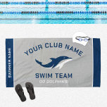 Personalized Grey Navy Swim Team Swimmer Name Beach Towel<br><div class="desc">Personalized swim team pool towel design for swimmers features custom text for the swimmer's first and last name, swim team club name, and mascot or other text. Add your team logo to the dolphin placeholder image. The colour scheme of grey, navy blue and white can be modified to coordinate with...</div>