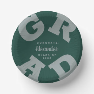 Personalized Grey on Dark Green Graduation Paper Plate