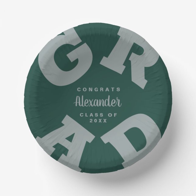Personalized Grey on Dark Green Graduation Paper Plate (Front)