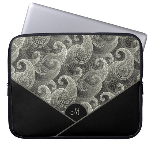 Personalized Grey Paisley Pattern with Monogram Laptop Sleeve (Front)