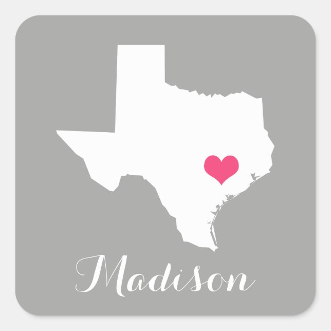 Personalized Grey & Pink Texas Home State Square Sticker (Front)