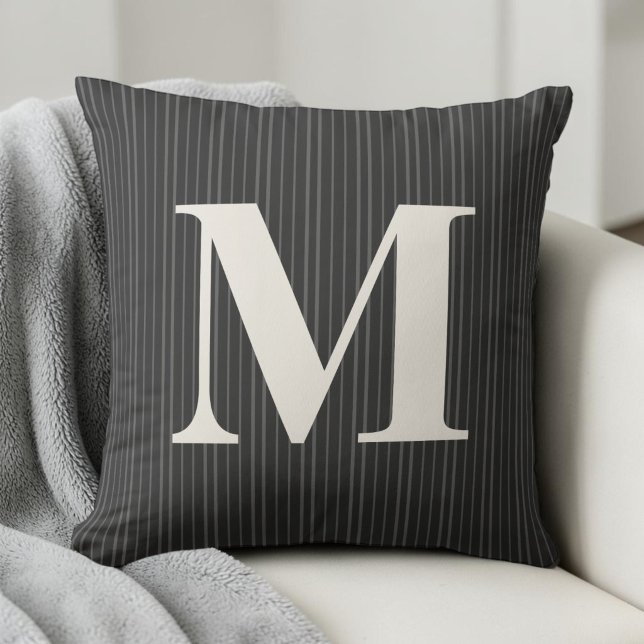 Personalized Grey Preppy Striped Monogram Initial Throw Pillow (Personalized Gray Preppy Striped Monogram Initial Throw Pillow)