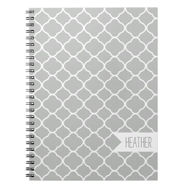 Personalized Grey Quatrefoil Pattern Notebook (Front)