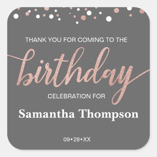 Personalized, grey, rose gold, thank you birthday square sticker (Front)