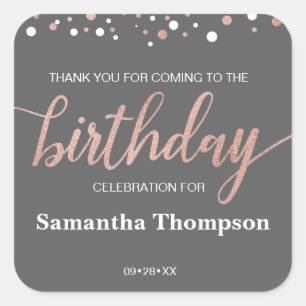 Personalized, grey, rose gold, thank you birthday square sticker