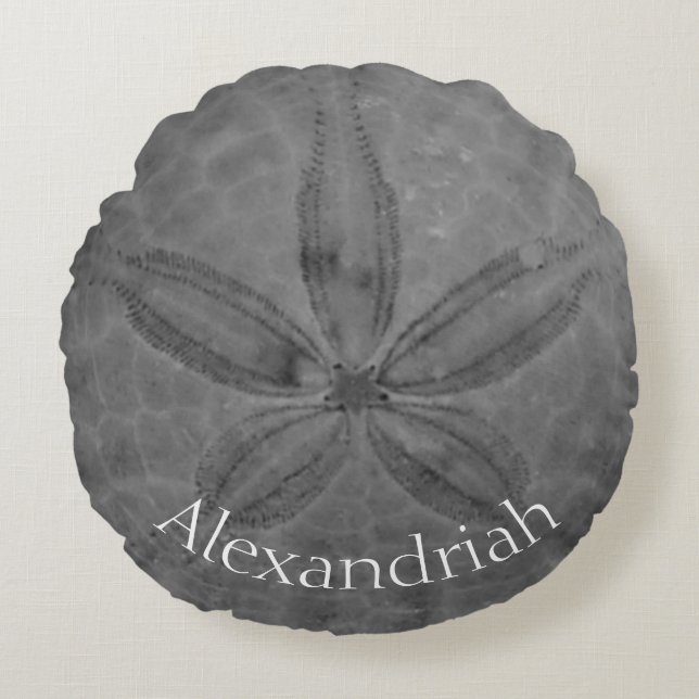 Personalized Grey Sand Dollar Nautical Coastal Round Pillow (Front)