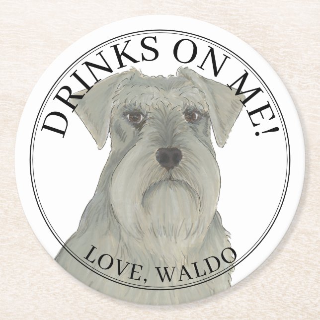 Personalized Grey Silver Schnauzer Dog Wedding Round Paper Coaster (Front)