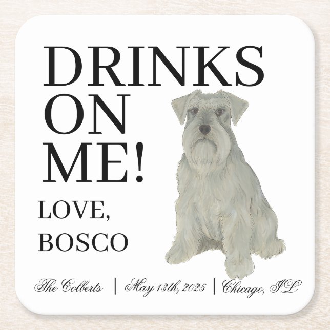 Personalized Grey Silver Schnauzer Dog Wedding Square Paper Coaster (Front)
