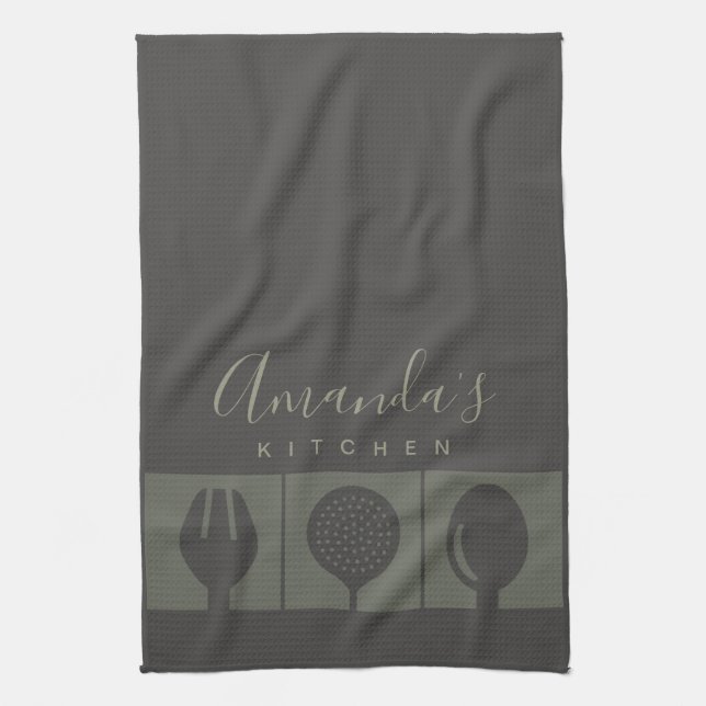 PERSONALIZED GREY SPOON FORK SKIMMER CHEF KITCHEN KITCHEN TOWEL (Vertical)