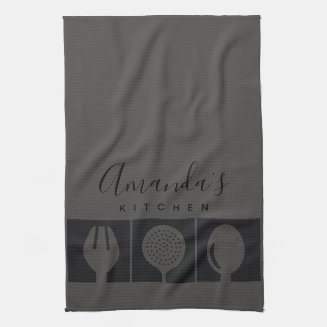 PERSONALIZED GREY SPOON FORK SKIMMER CHEF KITCHEN KITCHEN TOWEL (Vertical)