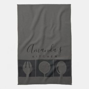 PERSONALIZED GREY SPOON FORK SKIMMER CHEF KITCHEN TOWEL