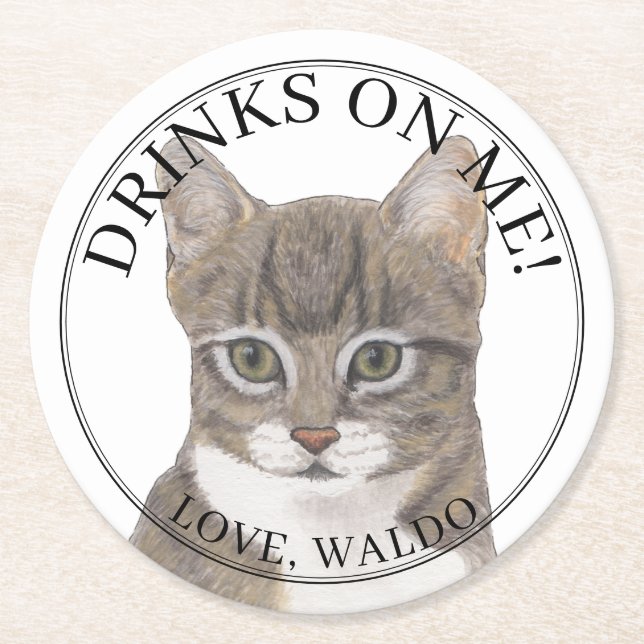 Personalized Grey Striped Tabby Cat Wedding Round Paper Coaster (Front)