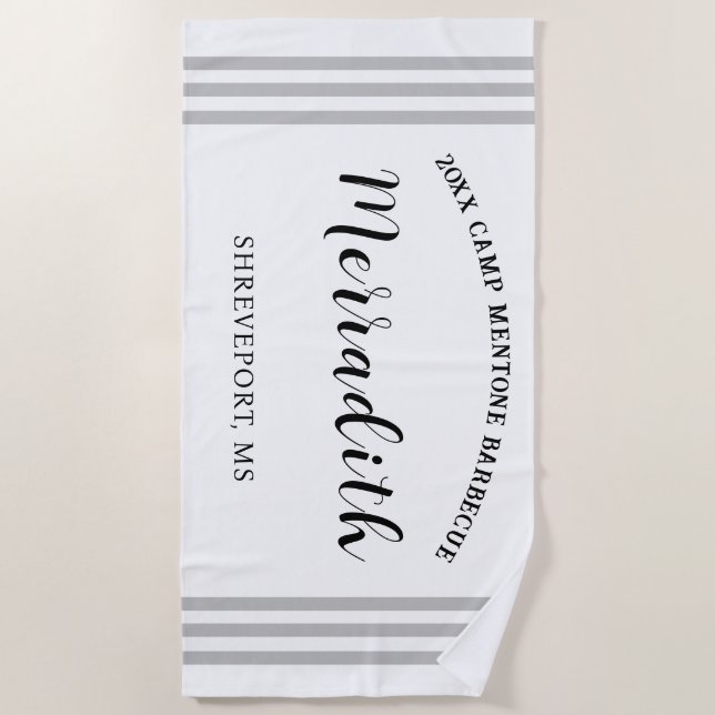 Personalized Grey-Stripes Black White Beach Towel (Front)