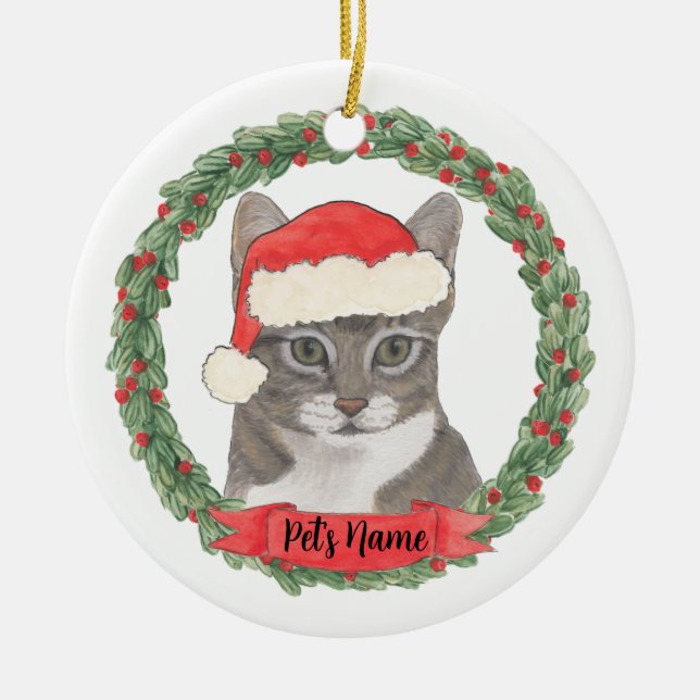 Personalized Grey Tabby Cat Ceramic Ornament (Front)