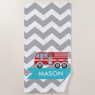 Personalized Grey Teal Chevron Fire Truck Boy Beach Towel
