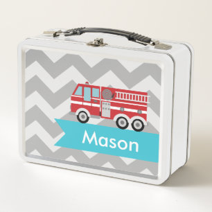 Personalized Grey Teal Chevron Fire Truck Boy Metal Lunch Box