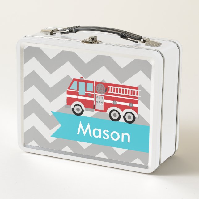 Personalized Grey Teal Chevron Fire Truck Boy Metal Lunch Box (Front)