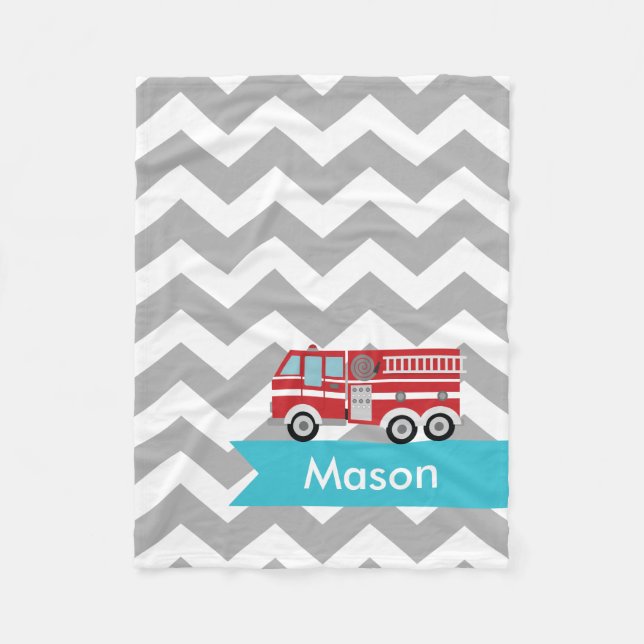 Personalized Grey Teal Chevron Fire Truck Fleece Blanket (Front)