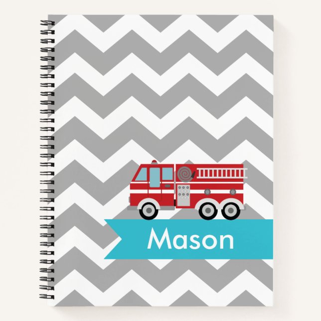 Personalized Grey Teal Chevron Fire Truck Kids Notebook (Front)