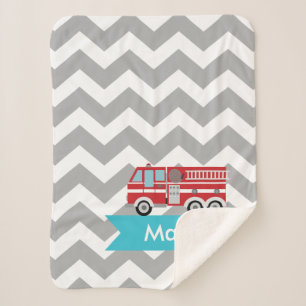 Personalized Grey Teal Chevron Fire Truck Sherpa Blanket