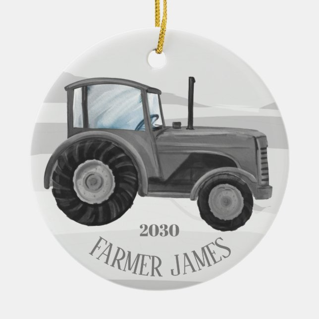 Personalized Grey Tractor Christmas Ornament (Front)