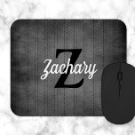 Personalized Grey Vintage Pinstripe Retro Monogram Mouse Pad<br><div class="desc">This design features a vintage pattern of black pinstripes on a charcoal grey background. Personalize it with your monogram initial in black and your name in white retro script.</div>