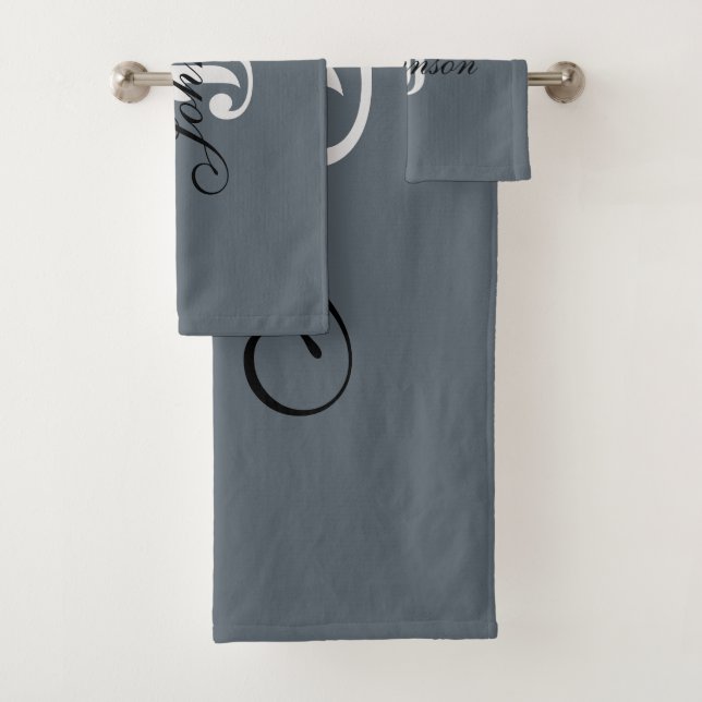 Personalized Grey White Elegant Monogram Bath Towel Set (Insitu)