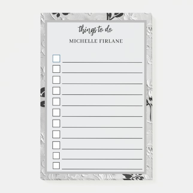 Personalized Grey & White Floral Design Post-it Notes (Front)