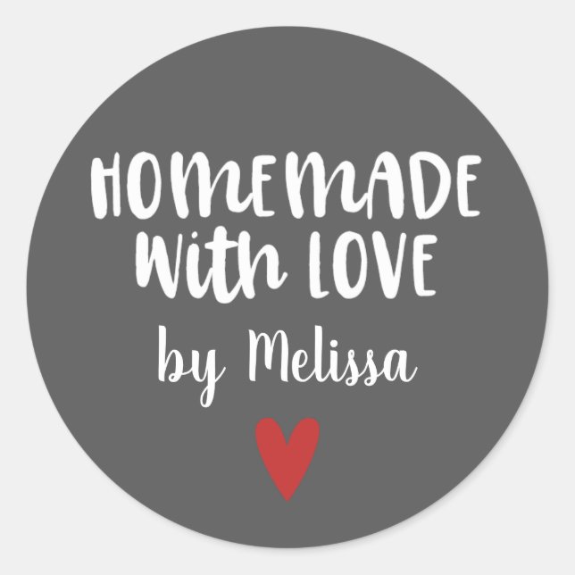 Personalized Grey White Homemade With Love Classic Round Sticker (Front)