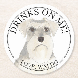 Personalized Grey White Schnauzer Dog Wedding Round Paper Coaster