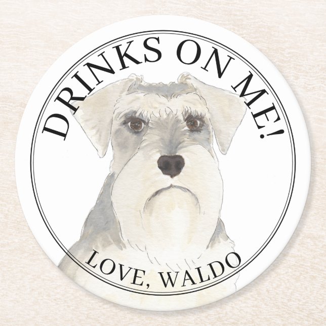 Personalized Grey White Schnauzer Dog Wedding Round Paper Coaster (Front)