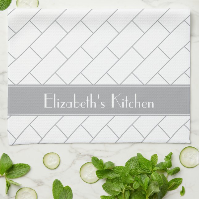 Personalized Grey White Subway Tile Brick Kitchen Towel (Folded)