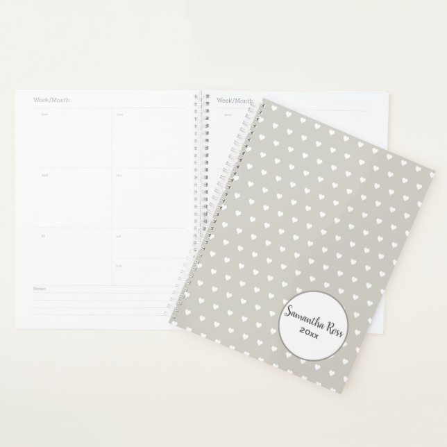 Personalized Grey with White Heart Pattern Planner (Display)